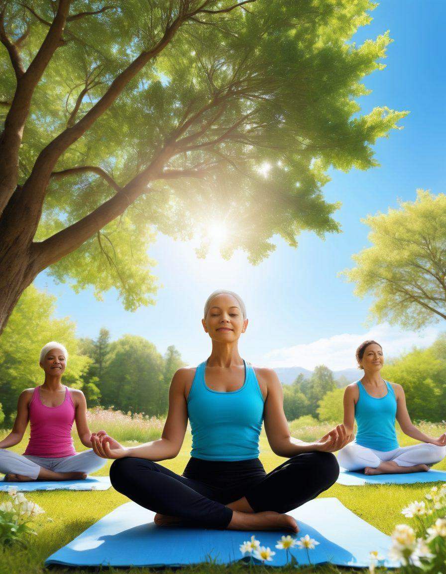A warm and uplifting scene depicting a group of diverse cancer survivors in a park, engaging in supportive activities like yoga and journaling, surrounded by nature and blooming flowers symbolizing hope and resilience. The background features a bright blue sky and soft sunlight filtering through trees. Include elements that represent lifestyle changes such as healthy food, fitness gear, and mindfulness tools. super-realistic. vibrant colors. natural setting.