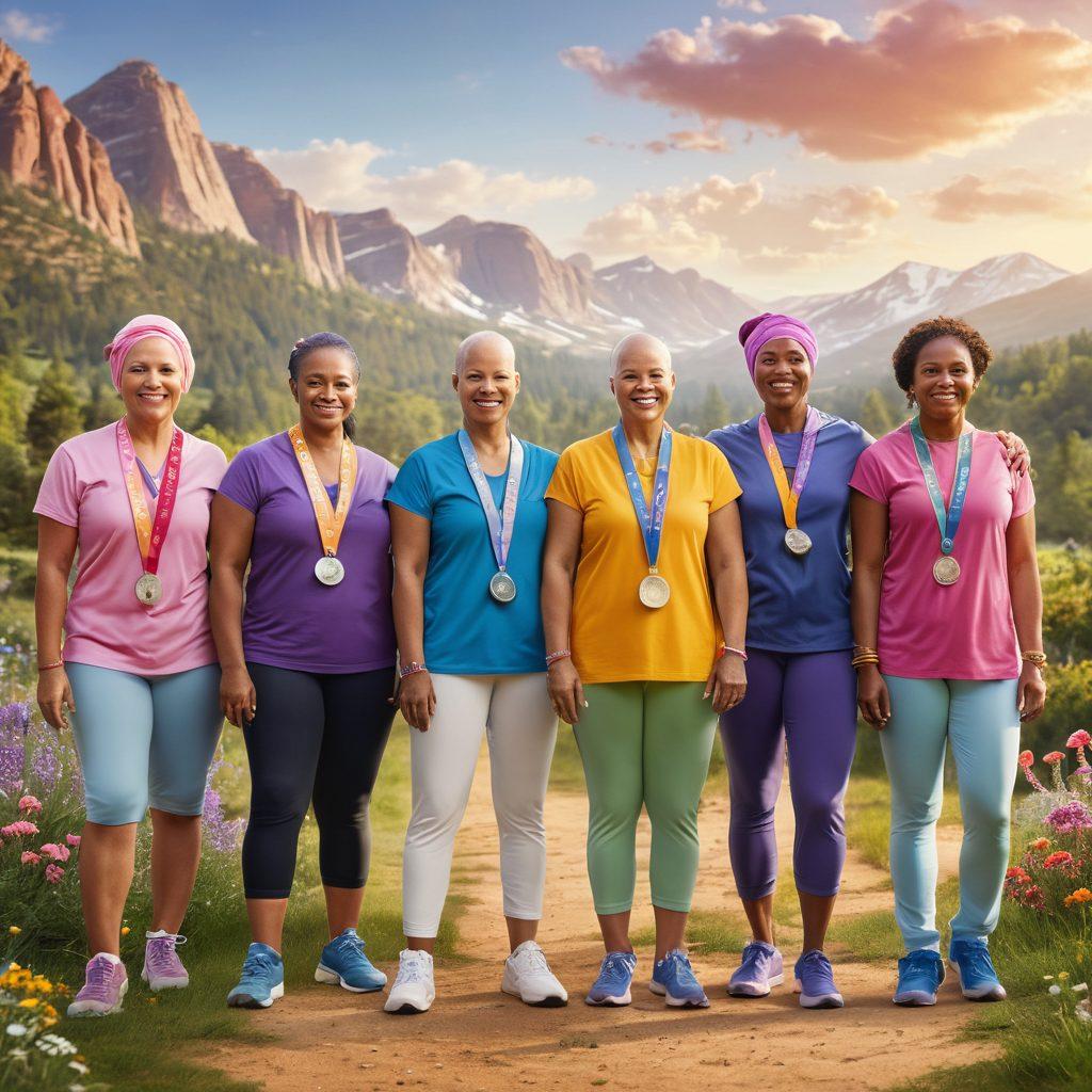 A diverse group of cancer warriors standing united, wearing empowering colors and supportive accessories, surrounded by symbols of hope like ribbons and healing crystals. In the background, a serene landscape illustrating nature's healing power, with pathways leading to various treatment options. Incorporate elements representing lifestyle changes such as healthy foods and exercise gear. vibrant colors. semi-realistic. uplifting atmosphere.