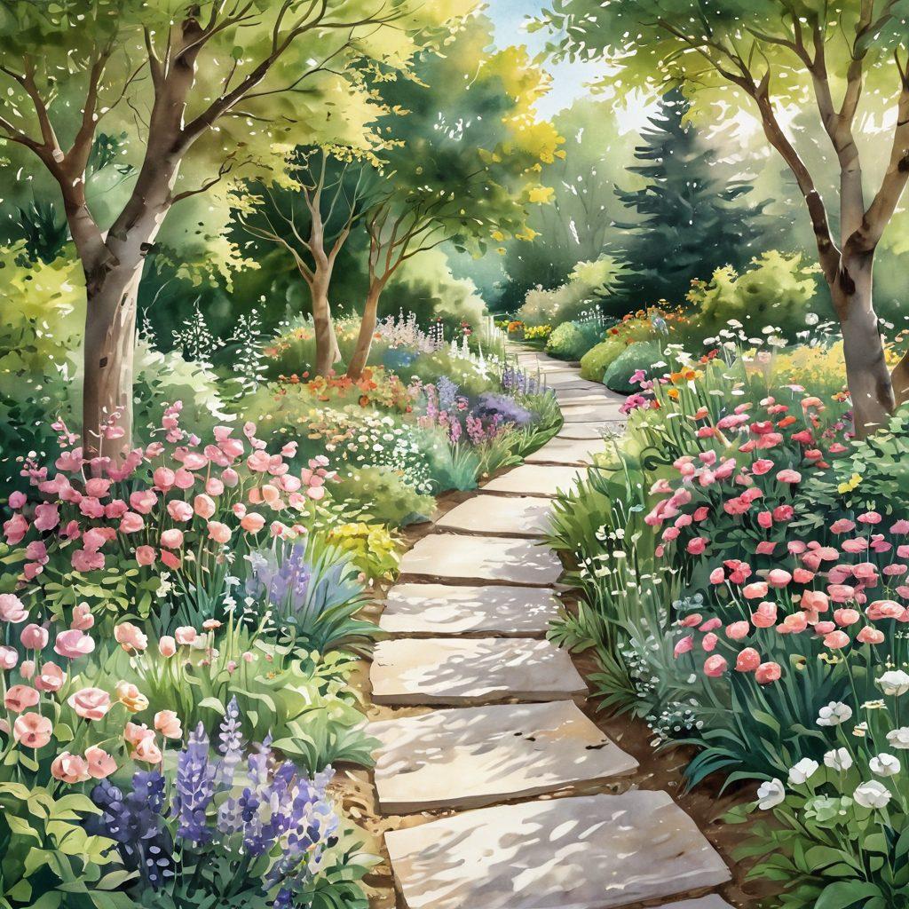 An illustration of a serene path winding through a tranquil garden, symbolizing the cancer journey. Along the way, signposts represent various treatment choices and holistic care options, surrounded by diverse flowers representing hope and healing. Soft, soothing colors to create a calm atmosphere with gentle sunlight filtering through trees. watercolors. soft focus. harmonious composition.